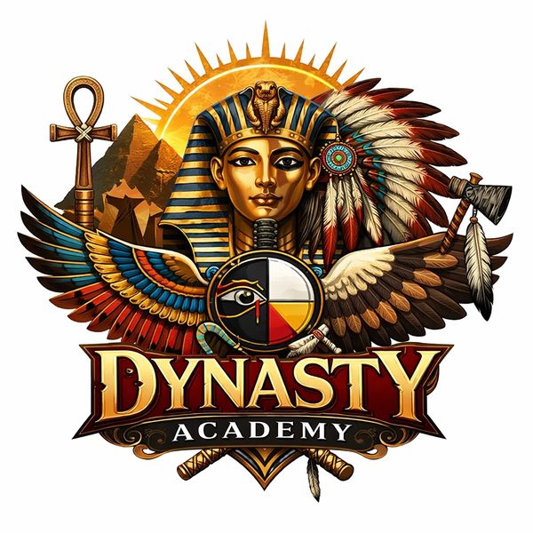 A vibrant emblem combining Egyptian and Native American symbols with 'Dynasty Academy' text.