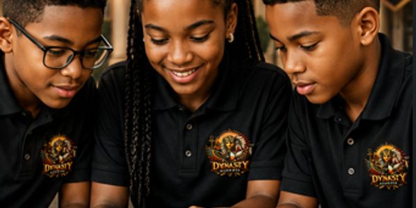 Three teens smiling and focused, wearing matching black Dynasty polo shirts.
