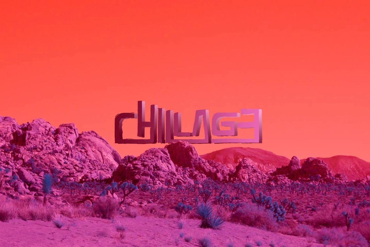 Surreal desert landscape with pink hues and floating 'CHILLAGE' sculpture.