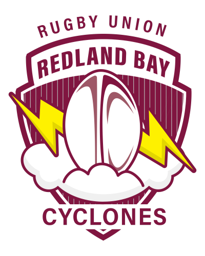Redland Bay Cyclones Rugby Union logo with ball, lightning, and cloud.