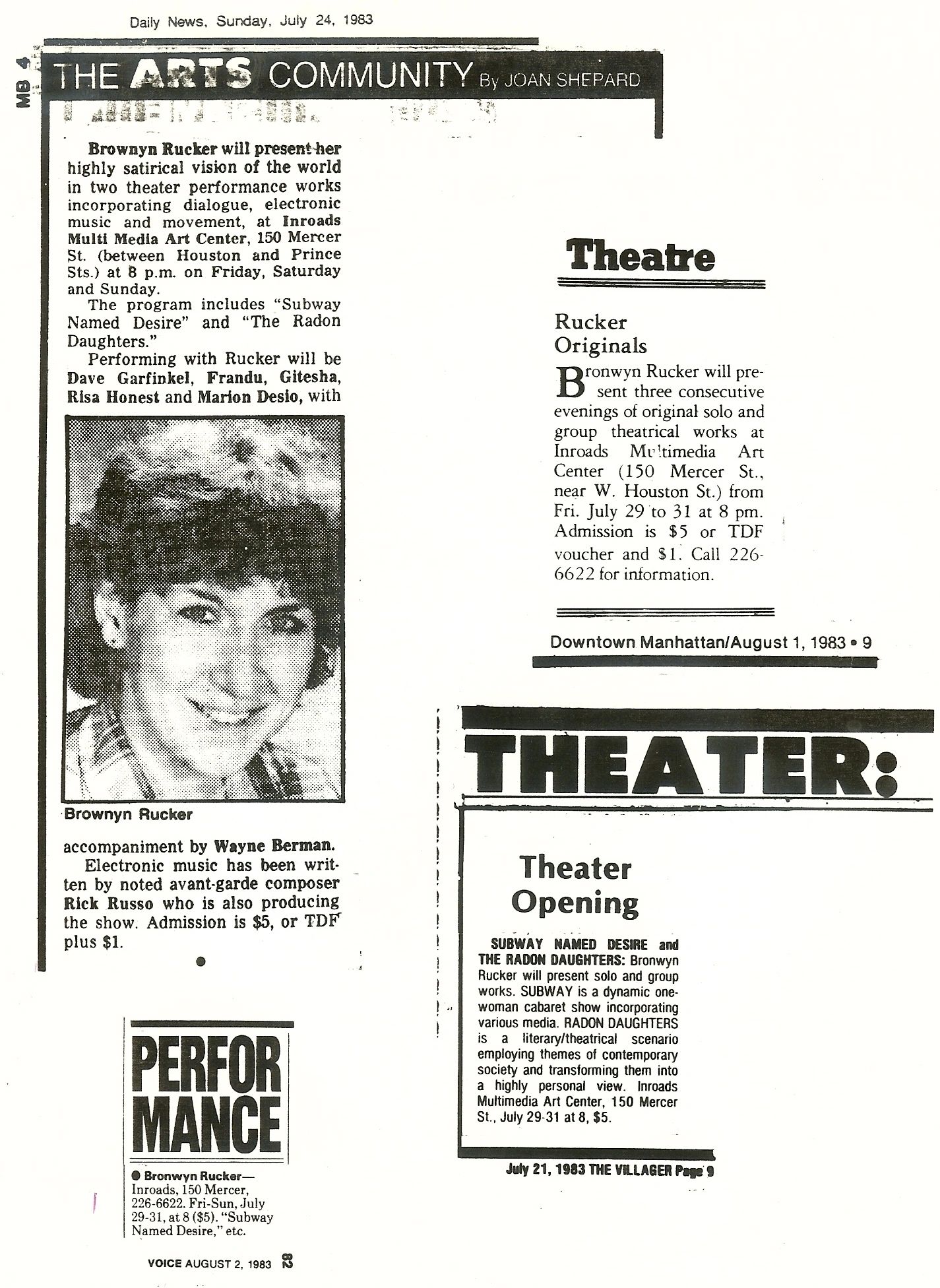 Newspaper clippings from 1983 highlight Brownyn Rucker's theatrical performances at Inroads Multimedia Art Center.
