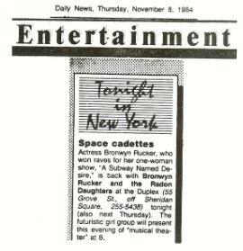 1984 newspaper clipping about actress Bronwyn Rucker's one-woman show in New York.