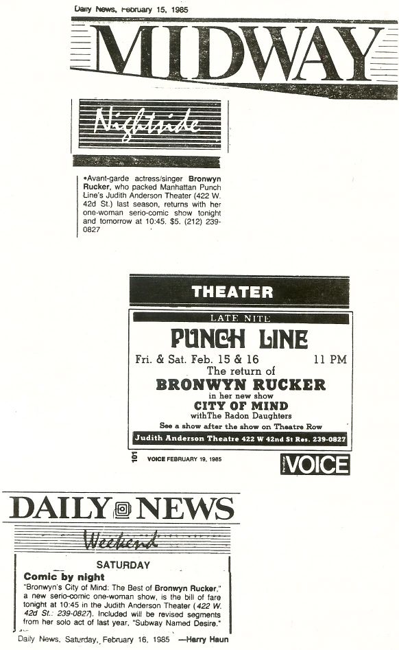 1985 newspaper clippings promoting Bronwyn Rucker's one-woman show in NYC.