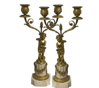 French Bronze And Marble Candleholders