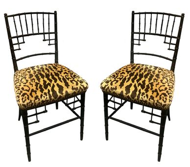 19th Century Bamboo Side Chairs With Gold Accents And Scalamandré Tiger Velvet 