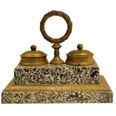 Antique 19th Century French Doré Bronze and Marble Inkwell