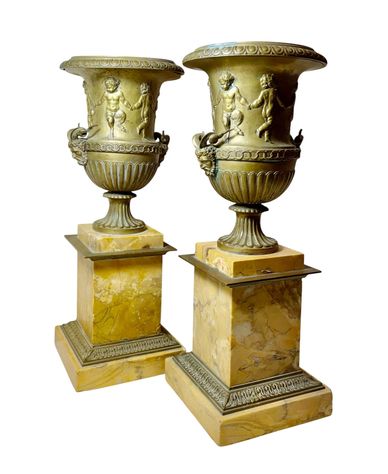 French Borghese Urns on Sienna Marble Plinths 
