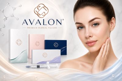 Woman with smooth skin next to Avalon dermal filler products.