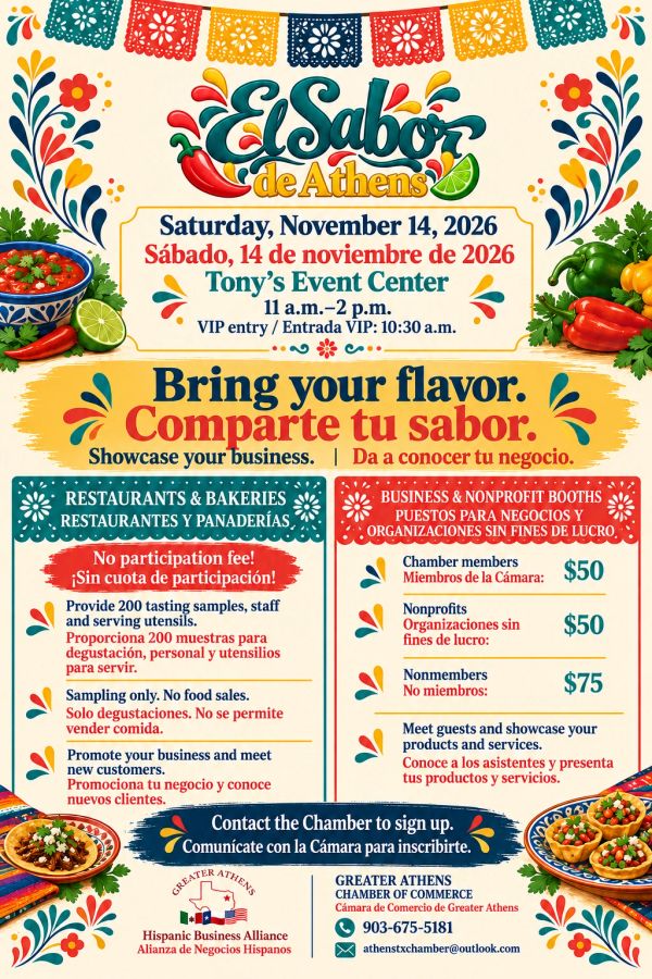 Flyer for El Sabor de Athens event on November 14, 2026, at Tony’s Event Center.