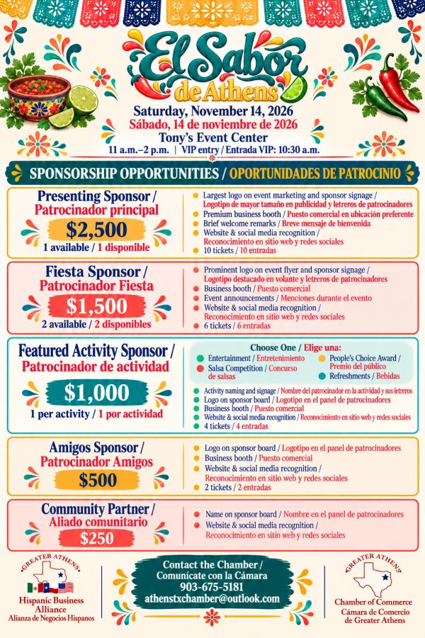 Event sponsorship opportunities for El Sabor de Athens on November 14, 2026.