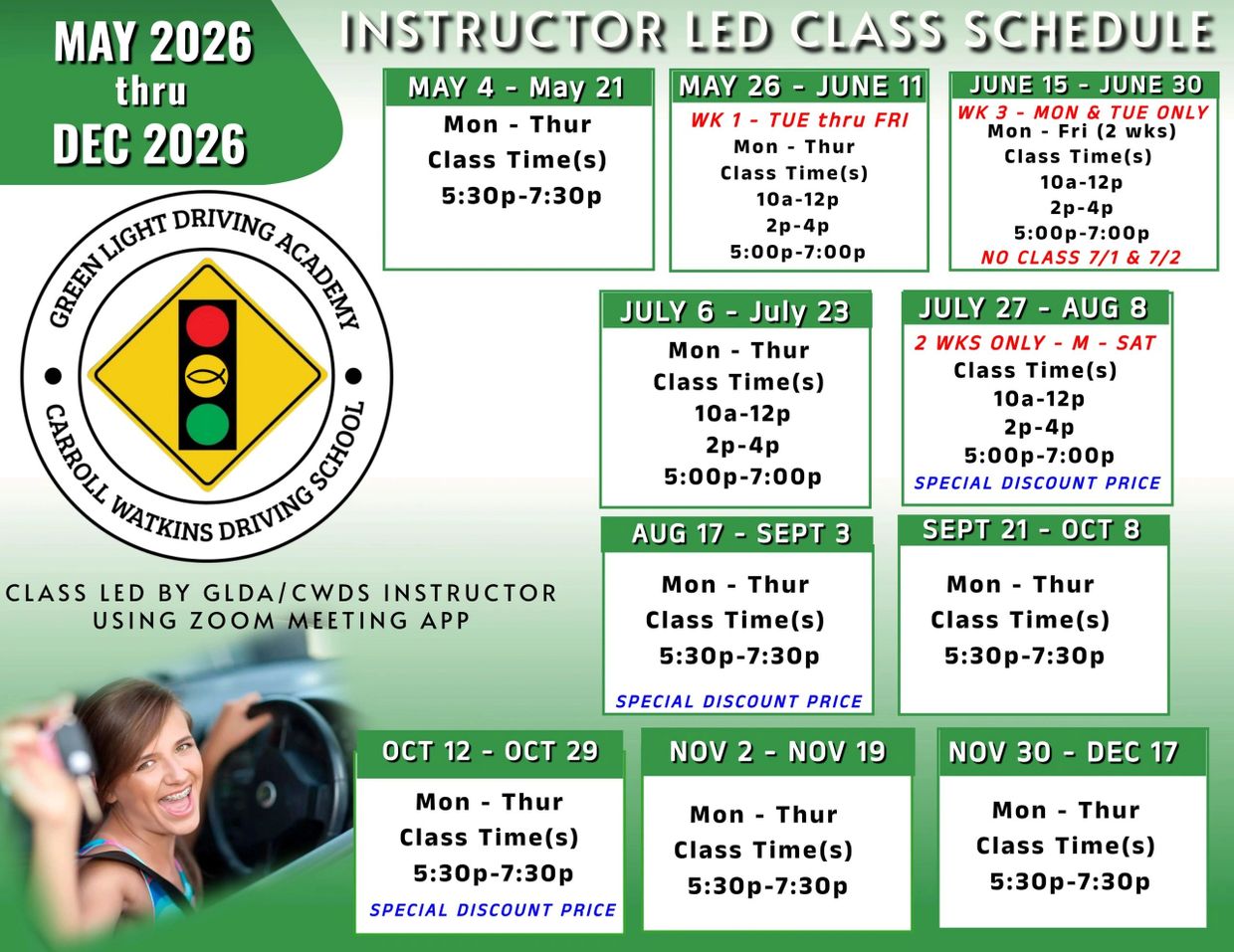 Driving school instructor-led class schedule from May to December 2026 with various time slots and special discounts.