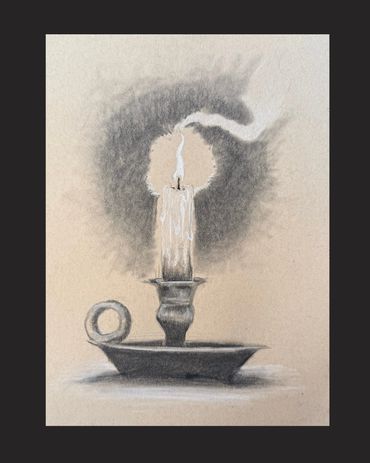 Still life charcoal drawing of vintage candle burning on tan toned paper