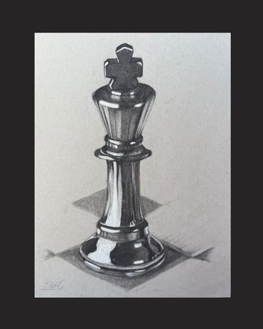 Still life charcoal drawing of kind chess piece on gray toned paper