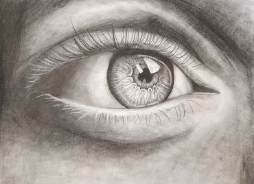 Still life charcoal drawing of close up eye on gray toned paper