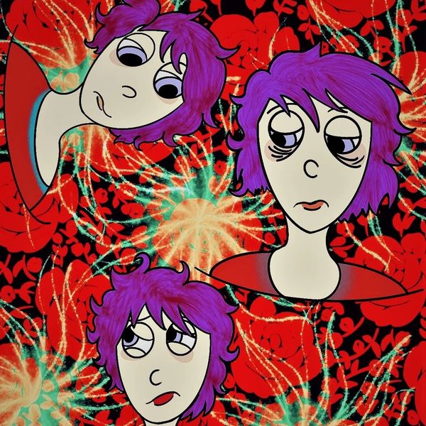 Three illustrated pale faces in a cartoon style with short purple hair with red streaks throughout