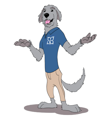 Cartoon dog character in casual clothes.
