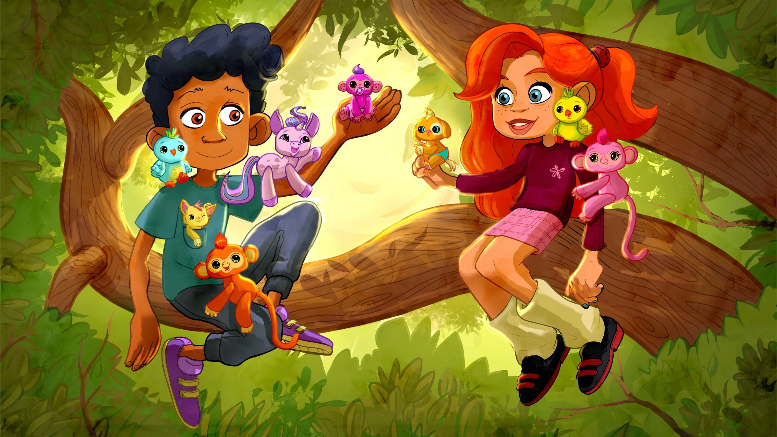 Two kids sitting on a tree branch with colorful toy animals.