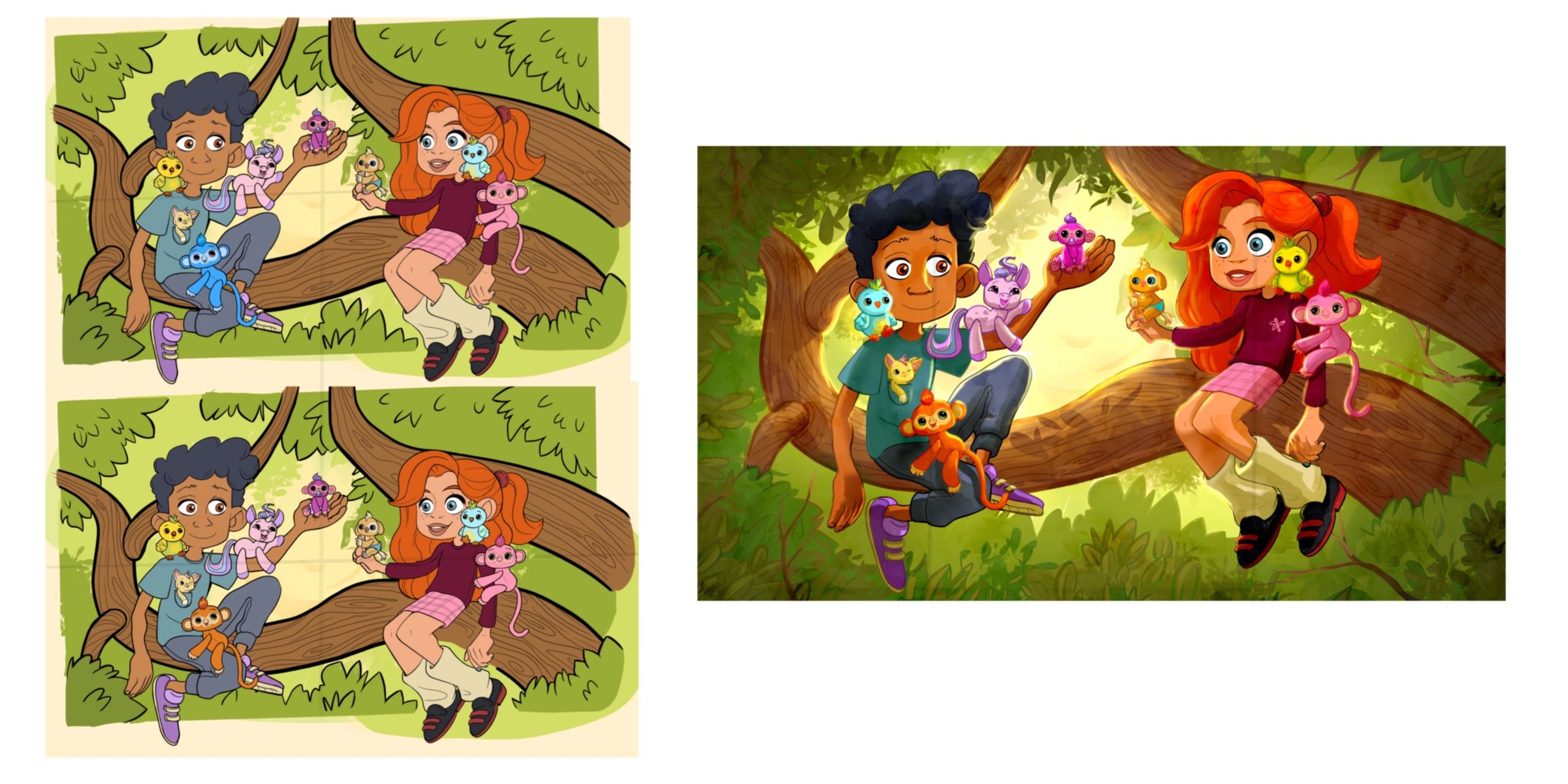 Two children sitting on a tree branch with colorful toy monkeys.