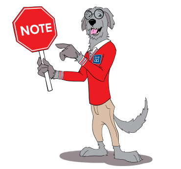 Cartoon dog holding a stop sign that says 'NOTE'.