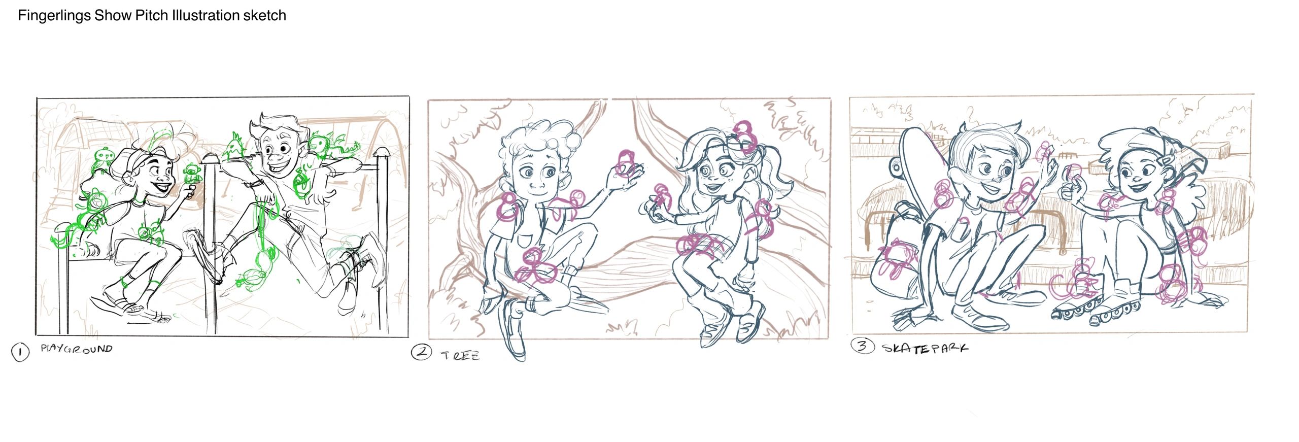 Sketches of kids playing with fingerlings at playground, tree, and skatepark.