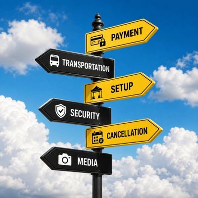 Directional signpost with arrows for payment, transportation, setup, security, cancellation, and media.