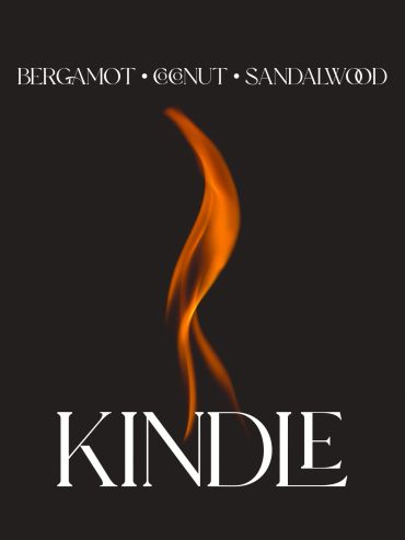 Minimalist Kindle fragrance ad with flame and scent notes.
