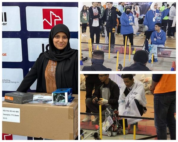 Young participants at a robotics competition with awards and robots.