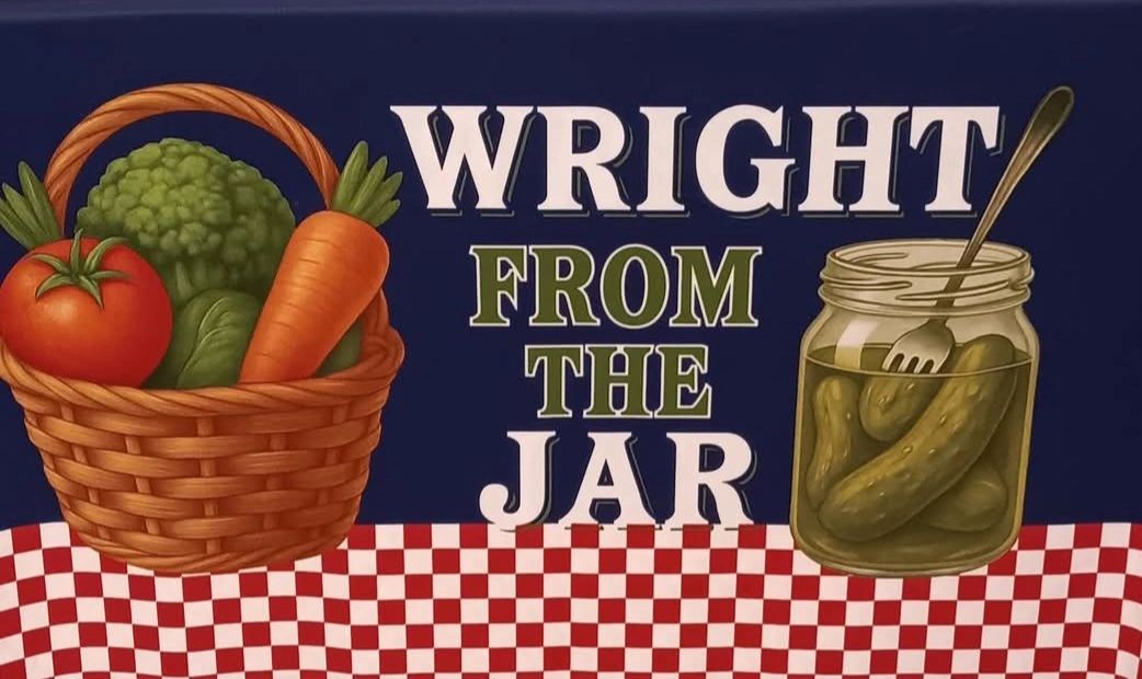 Basket of vegetables and a jar of pickles with text 'Wright From The Jar'.