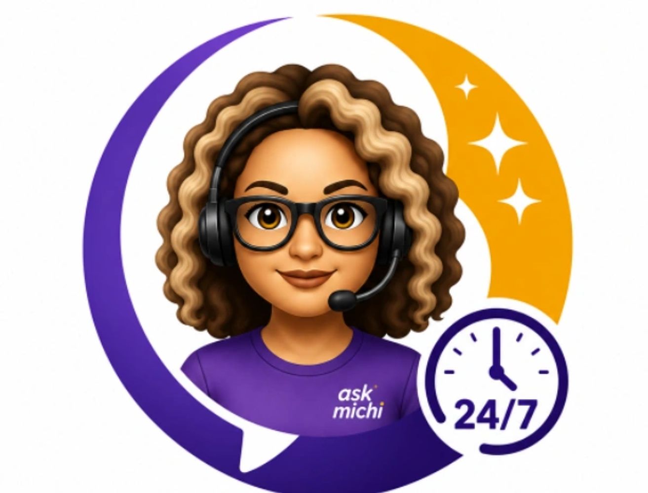 Cartoon woman with headset and glasses, symbolizing 24/7 support.