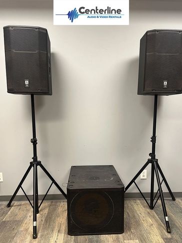 Two JBL speakers and one JBL subwoofer for rent. 