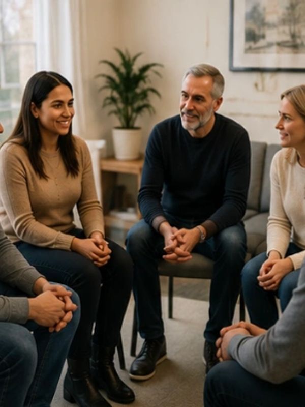 Group therapy session with attentive participants.