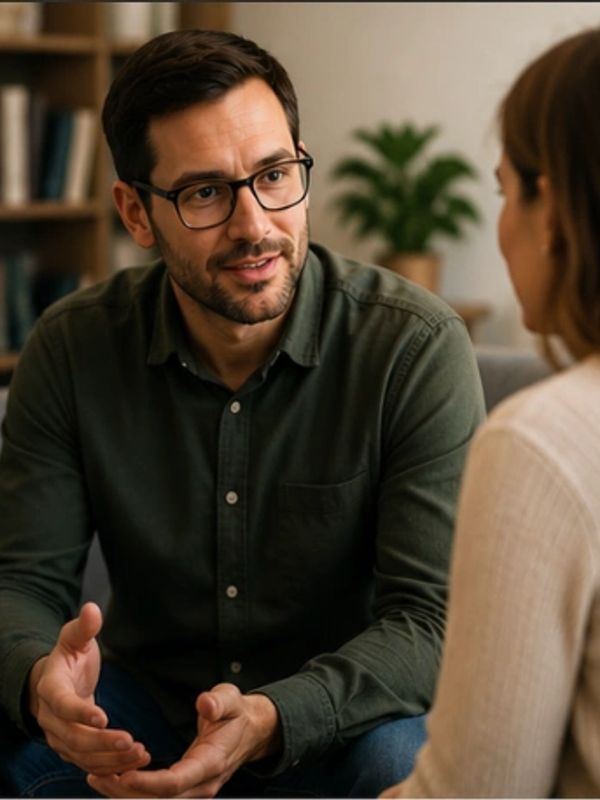 Man in glasses talking to a woman.