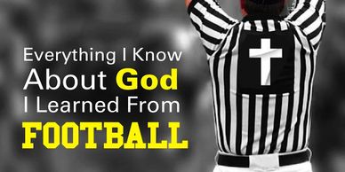 Referee with a cross on his back beside a quote about learning God through football.