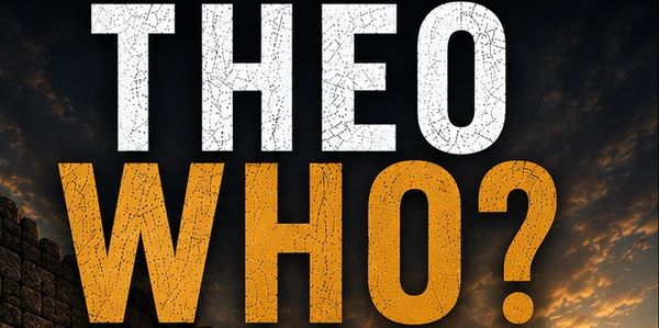 Text saying 'THEO WHO?' in white and orange letters.