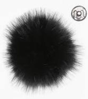 A round, black fuzzy pom-pom with a white background.