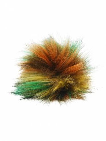 Colorful faux fur pompom with orange, green, and yellow hues against a white background.