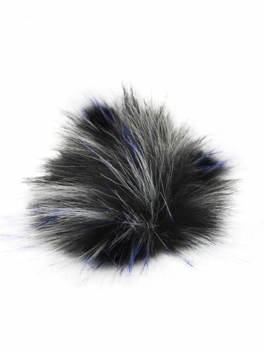 Fluffy black and white fur pom-pom on a white background.