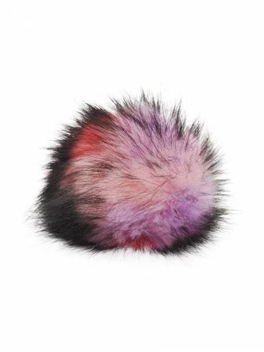 A colorful fluffy pom-pom with shades of pink, purple, red, and black.