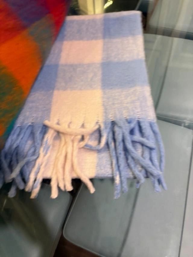 Mohair 8 ft Tartan Scarf in Blue and White 