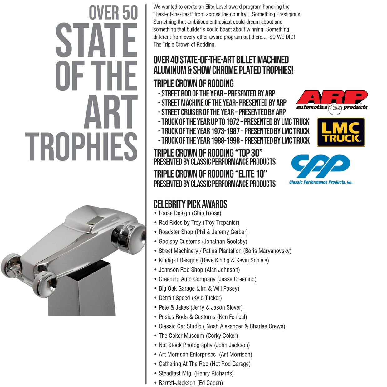 Elite award program featuring over 50 state-of-the-art trophies for rodding excellence.