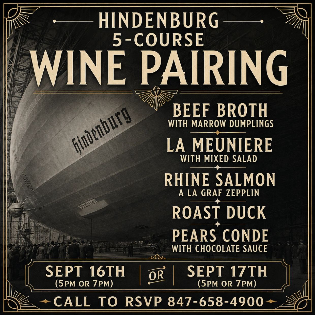 Vintage-style poster for Hindenburg 5-course wine pairing event.