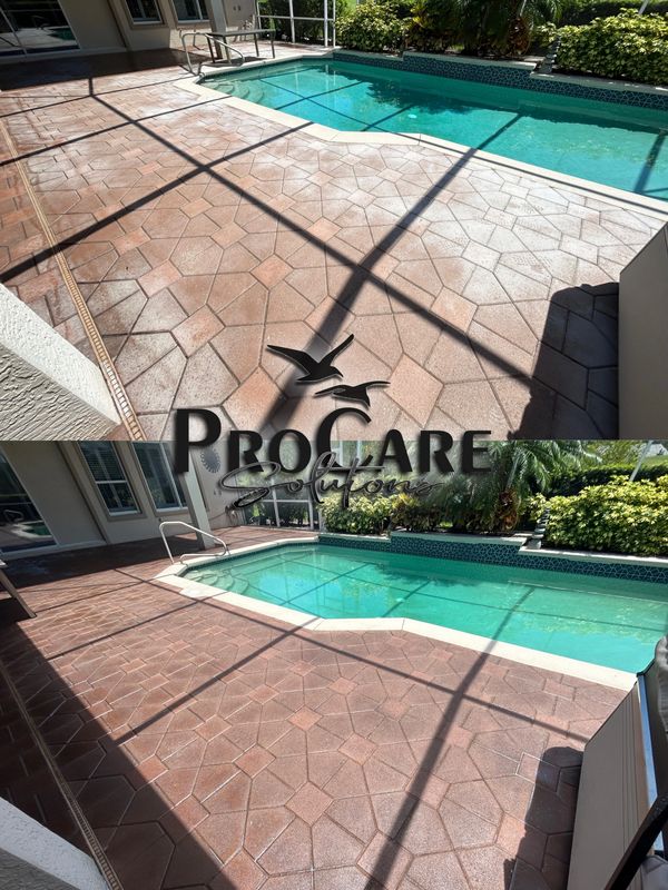 Before and after paver sealing and restoration in Port Orange, FL by ProCare Solutions.