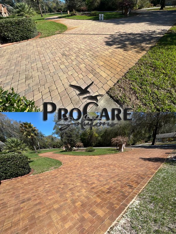 Professionally restored and sealed paver driveway in New Smyrna Beach, FL by ProCare Solutions.