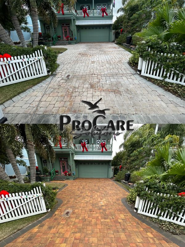 Before and after paver sealing and restoration in Flagler Beach, FL by ProCare Solutions.
