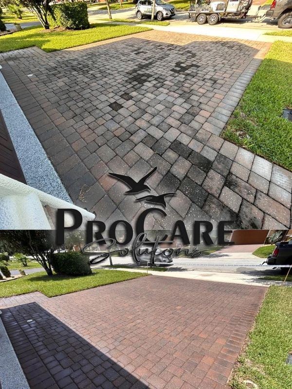 Before and after paver driveway restoration and sealing in Palm Coast, FL.
