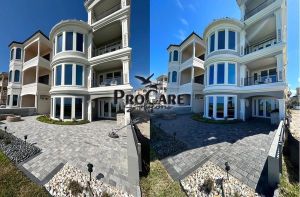 Before and after paver restoration and sealing in Hammock Beach, Palm Coast, FL.