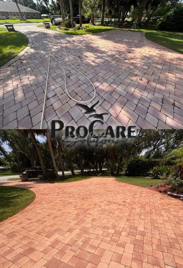 Before and after paver restoration and sealing in Grand Haven, Palm Coast, FL.