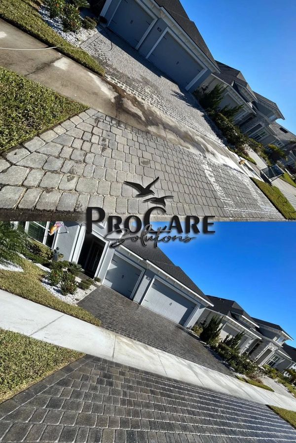 Before and after paver restoration and sealing in Mosaic, Daytona Beach, FL.