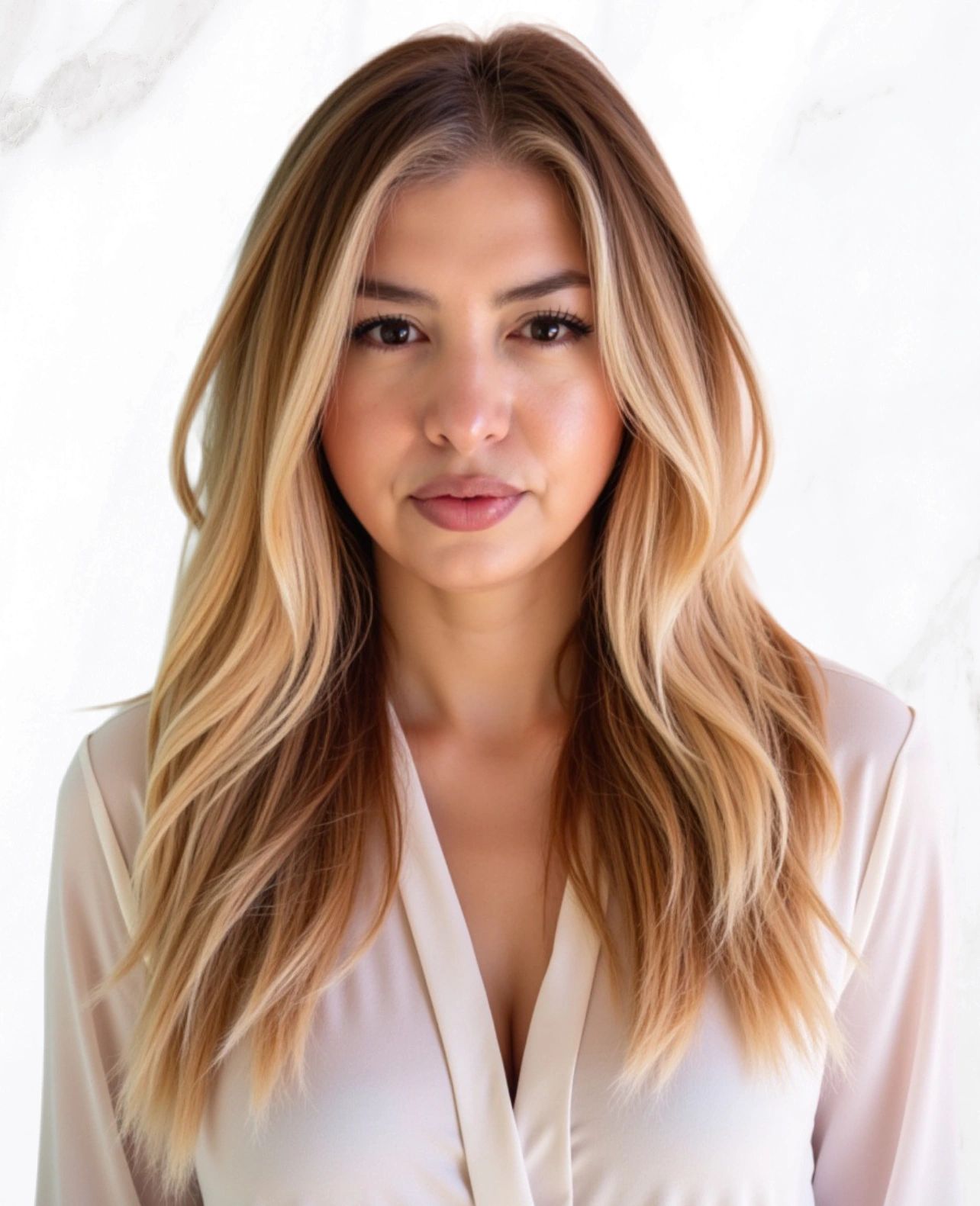 Portrait of a woman with blonde hair and a neutral expression.