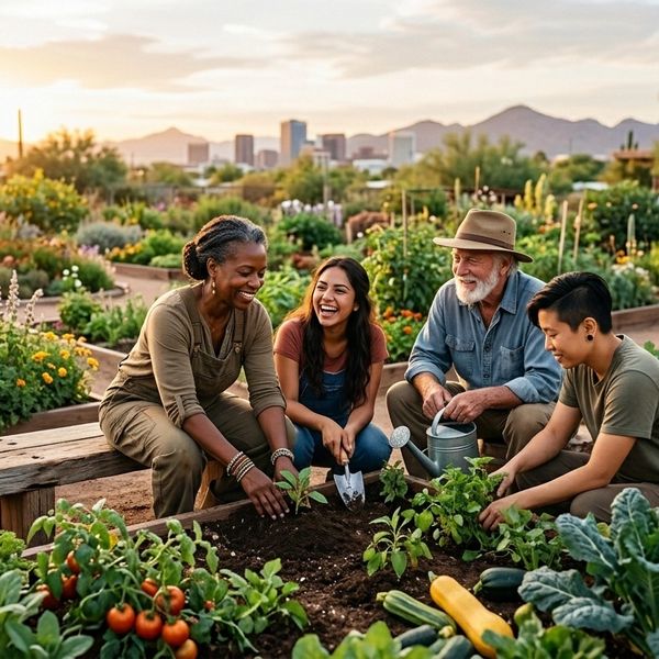 A diverse group gardening together in a community garden at sunset.